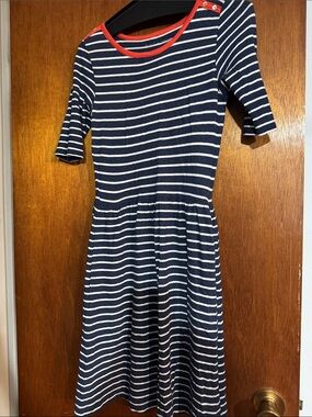 Navy & White Striped Women’s Dress with Red Trim, XS